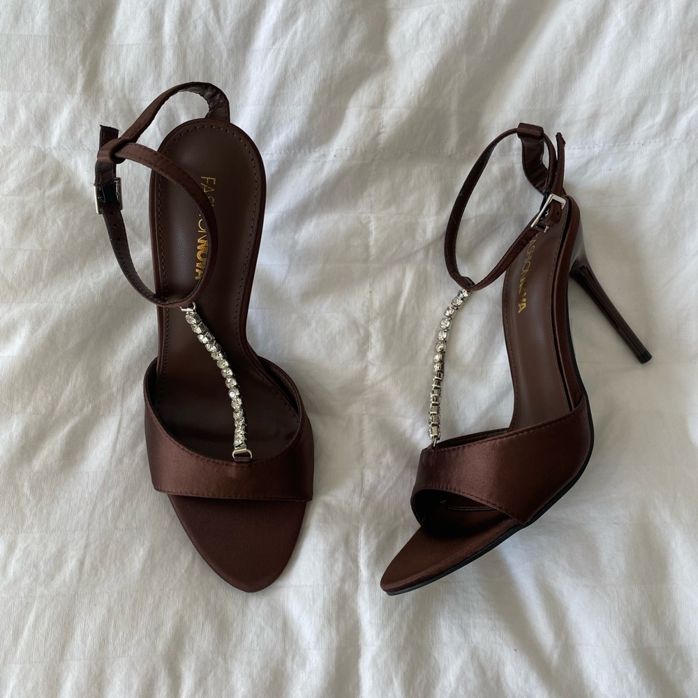 Fashion Nova Brown Heels with Rhinestone Detail